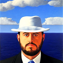 portrait of [MODEL], clouds in the background, by rene magritte, detailed painting, distance, middle centered, hd, hq, high resolution, high detail, 4k, 8k
