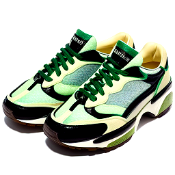 green color Triple S sneaker features a chunky, oversized sole with multiple layers and a distressed, vintage look. The upper is made from a combination of leather, suede, and mesh materials, with the Balenciaga logo embroidered on the side. The sneaker also features a lace-up front and a padded collar for added comfort