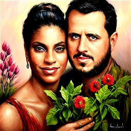 upper body painting portrait of [MODEL] with plants and flowers, romance, growth of a couple, rainy day, atmospheric by aleksi briclot