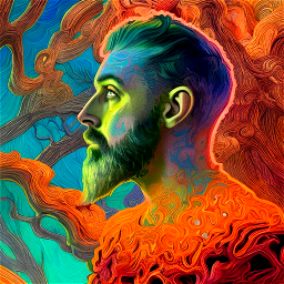 bright psychedelic portrait of [MODEL] a giant organic cyborg over an ancient forest, diffuse lighting, fantasy, intricate, elegant, highly detailed, lifelike, photorealistic, digital painting, artstation, illustration, concept art, smooth, sharp focus, art by John Collier and Albert Aublet and Krenz Cushart and Artem Demura and Alphonse Mucha
