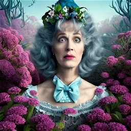 highly detailed [MODEL] portrait, tim burton alice in wonderland style, beautiful dark landscape, beautiful flowers growing in the style of beeple and mike winkelmann, intricate, epic lighting, cinematic composition, hyper realistic, 8k resolution, unreal engine 5