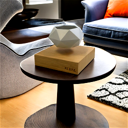 on an end table in a midcentury modern living room, minimalist designer room