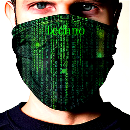 Techno face mask neck gaiter,covering mouth and nose,eyes and head showing on the human, rave back ground