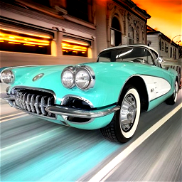 car cruising down a 1950s town street. Neon lights, vintage poster art background