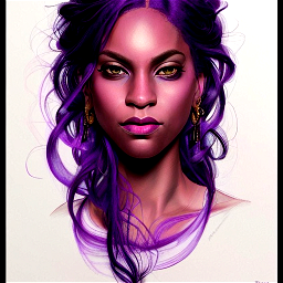 Purple hair, creative colouring Portrait of [MODEL], fashion, intricate, elegant, highly detailed, digital painting, artstation, concept art, smooth, sharp focus, illustration, art by artgerm and greg rutkowski and alphonse mucha