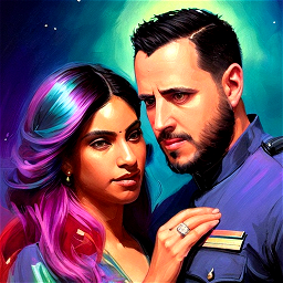 Beautiful portrait of [MODEL] with glowing iridescent hair color, attractive hot couple, uniform, back side portrait, intricate, focus, illustration, highly detailed, digital painting, concept art, matte, art by ruan jia and wlop and greg rutkowski, masterpiece