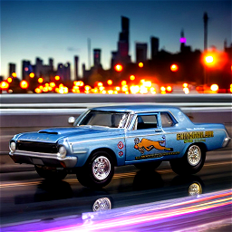 driving down a freeway, racing, streaks of light long exposure, city skyline in background