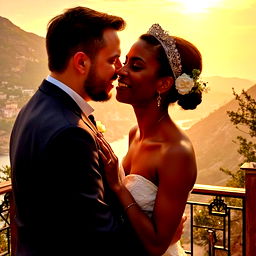 [MODEL] bride and groom, photo realistic, digital painting, trending on Artstation, highly detailed, insanely detailed, award 
winning art, realistic beautiful faces, ornate, perfect lighting, sun shining,, mountains in the background,