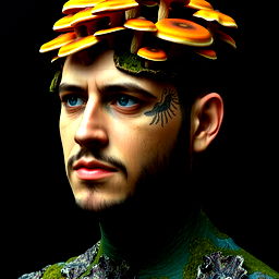 beautiful digital fantasy illustration head and shoulders portrait of [MODEL], with colorful bio growth, fungi, moss, mushrooms growing out of head and face, by mark ryden and and iris van herpen, octane render, detail texture, unreal engine, 8 k, ultra hyper realistic quality