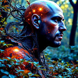 bright psychedelic portrait of [MODEL] a giant organic cyborg over an ancient forest, diffuse lighting, fantasy, intricate, elegant, highly detailed, lifelike, photorealistic, digital painting, artstation, illustration, concept art, smooth, sharp focus, art by John Collier and Albert Aublet and Krenz Cushart and Artem Demura and Alphonse Mucha