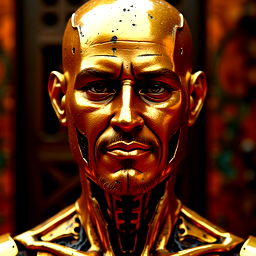 [MODEL] as a friendly humanoid golden metallic robot, portrait bust, symmetry, faded colors, exotic alien features, cypherpunk background, tim hildebrandt, wayne barlowe, bruce pennington, donato giancola, larry elmore, masterpiece, trending on artstation, featured on pixiv, cinematic composition, beautiful lighting, sharp, details, hyper detailed, 8 k, unreal engine 5