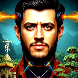 bright psychedelic portrait of [MODEL] a giant organic cyborg over an ancient forest, diffuse lighting, fantasy, intricate, elegant, highly detailed, lifelike, photorealistic, digital painting, artstation, illustration, concept art, smooth, sharp focus, art by John Collier and Albert Aublet and Krenz Cushart and Artem Demura and Alphonse Mucha