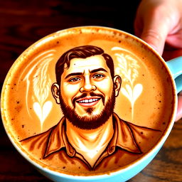 latte art portrait of [MODEL], foam, coffee, milk, barista championship art, aerate, realistic, mug, espresso, artisan, craft, cafe, detailed latte art