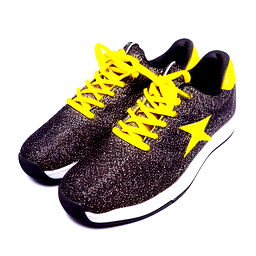 Make a shoes with yellow laces yellow sole and the rest to be black with a shooting star design basketball shoes