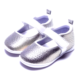 Mary Jane style children's shoes, slightly complicated pattern, silver and white