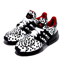 Dalmatian themed Adidas sneakers with a crisp white leather base covered in bold, irregular black spots that mimic the coat of a Dalmatian. The classic three stripes appear in solid black to anchor the pattern. The heel tab uses a soft red accent as a nod to a collar, with a tiny embossed paw print centered above it. The tongue label shows a stylized Dalmatian head in black line art. Laces are bright white to keep the look clean, and the midsole remains the standard Adidas off white for a vintage feel. The outsole is black for contrast, tying the whole spotted pattern together.