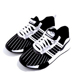 A simple black and white shoe, with black stripes and a white design A simple black and white shoe, with black stripes and a white design
