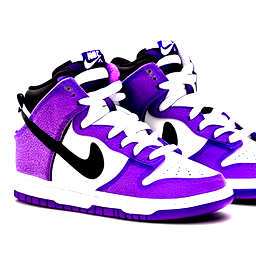 High top Nike dunks, pitch black with purple swoosh