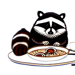 chubby, hand-drawn raccoon sitting inside a ceramic ramen bowl. It’s holding a single chopstick like a wizard’s wand.