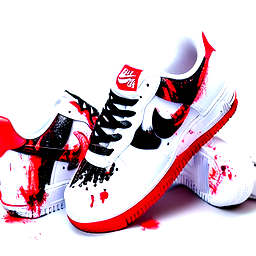 white air force 1 with red and black paint splatter on them like they are messy realllllllly messy