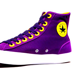 Classic High top skate shoes but adapted for basketball, mostly purple with yellow, burgundy, grey and black