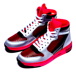 High-top with the sleek curves , combined with the bold cage panels and chunky midsole  Premium leather upper with mesh side panels, metallic wings, and a padded ankle collar.  Colorway: matte black base with deep red accents, icy translucent sole and red bandana pattern.  Style: retro basketball heritage.