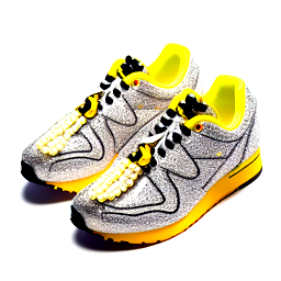 Lisa Simpson themed sneakers with a bright yellow upper and a clean white midsole. A string of raised pearl like beads wraps around the shoe just above the midsole, circling the entire silhouette as a direct reference to her necklace. The side carries a simple line art illustration of Lisa playing her saxophone. Red accents appear on the heel tab and lace tips to match her dress color. The tongue features an embroidered outline of her spiky hair. The outsole has a soft translucent yellow tint with faint comic style details visible underneath.