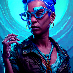 Portrait of a blue haired cyberpunk [MODEL], dramatic lighting, ultra realistic, leather blouse, intricate details, the fifth element artifacts, highly detailed by peter mohrbacher, allen williams, hajime sorayama, wayne barlowe, boris vallejo, aaron horkey, gaston bussiere